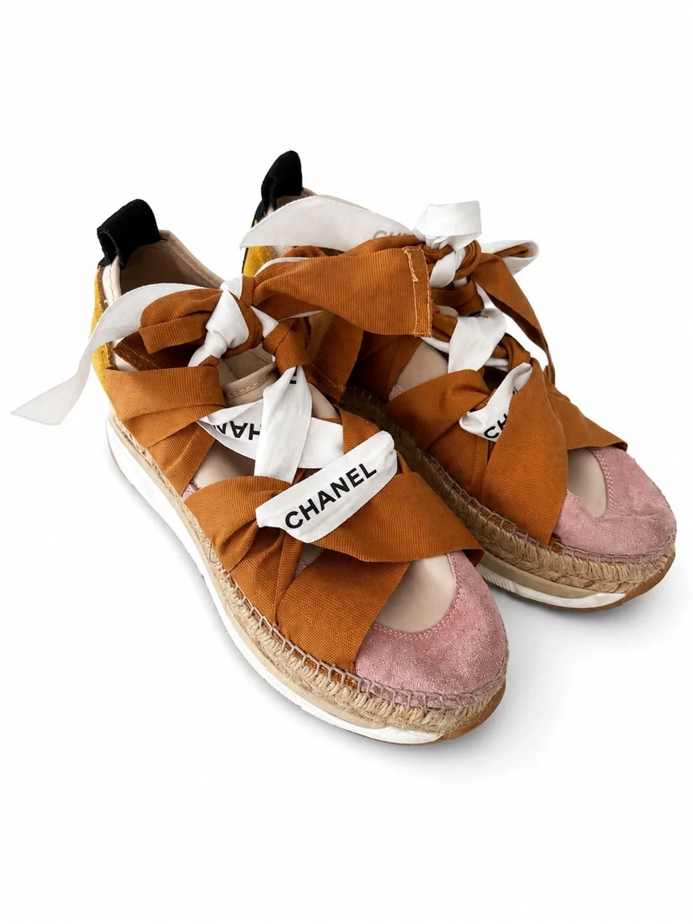 CHANEL Laced Free Tan & Pink Canvas Espadrille Platform Sandals with Ribbon Ties